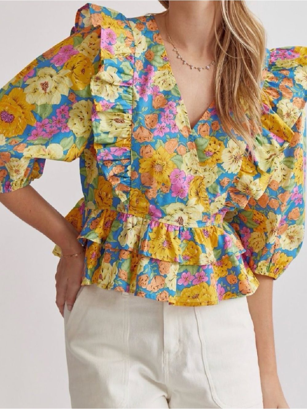 entro Blue Floral Ruffle Peplum Blouse with Yellow & Pink Blooms